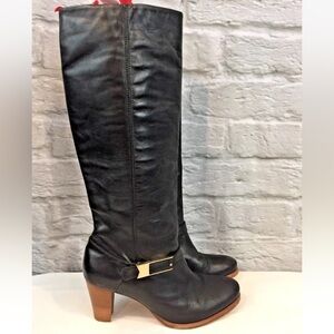 Alli Marie Women's Size 8 Black Tall Pull On Heeled Boots W/ Metal Strap Accents